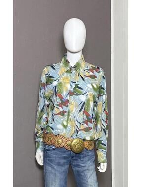 1970's Novelty Mallard Duck Print Dagger Collar Shirt Semi-Sheer Nylon by HABAND